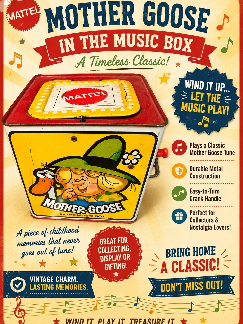 Mattel Mother Goose Tin Music Box – Yellow, Red, Green